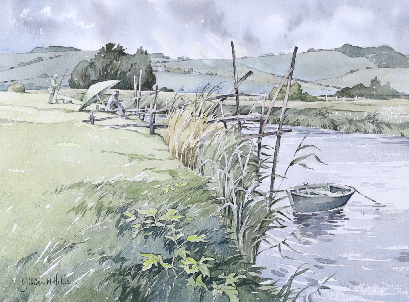 Gillian M Hobbs (20th. C), watercolour, Angler on a river bank, signed, 27 x 37cm